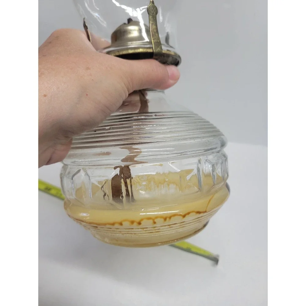 Vintage Clear Glass Oil Lamp Ribbed Geometric Base‎ Hurricane Chimney 13.5 Inch